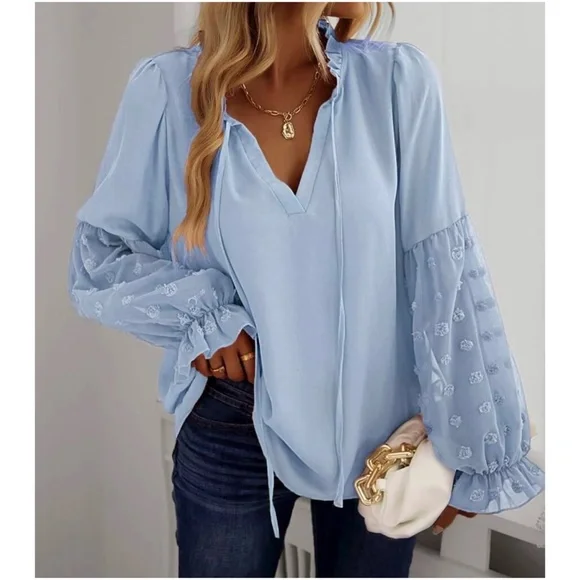 Boho Swiss Dot Sheer Sleeve Ruffle Blouse - Picture 2 of 14